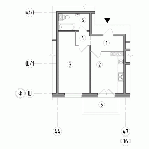 Однокомнатная квартира 46.5 м²