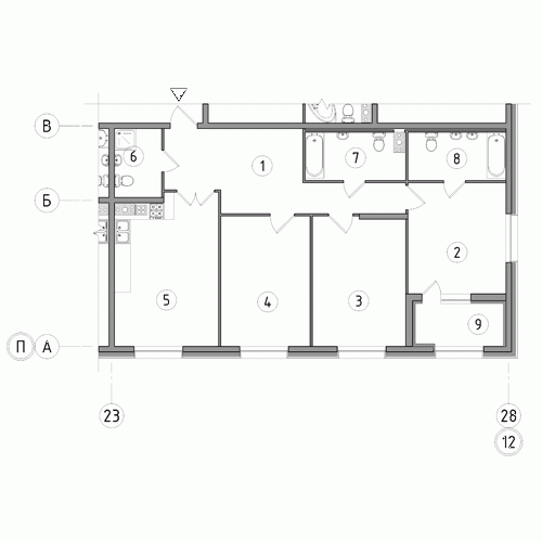 Трёхкомнатная квартира 106.3 м²